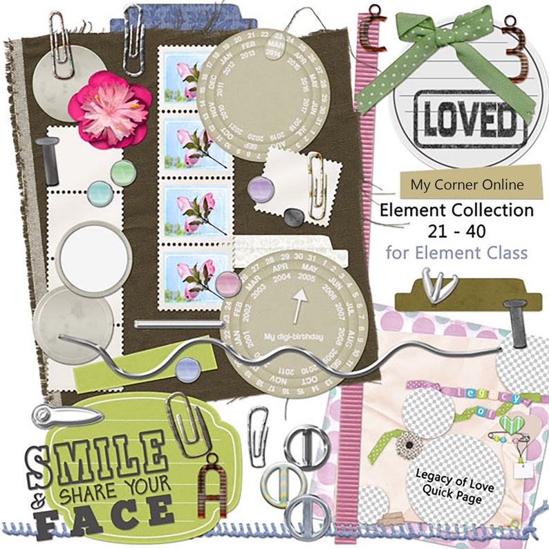 May include: A digital scrapbooking kit with a variety of elements, including stamps, papers, and embellishments. The kit features a green and brown color scheme with a vintage aesthetic. The text "Smile & Share Your Face" is featured on a green banner.