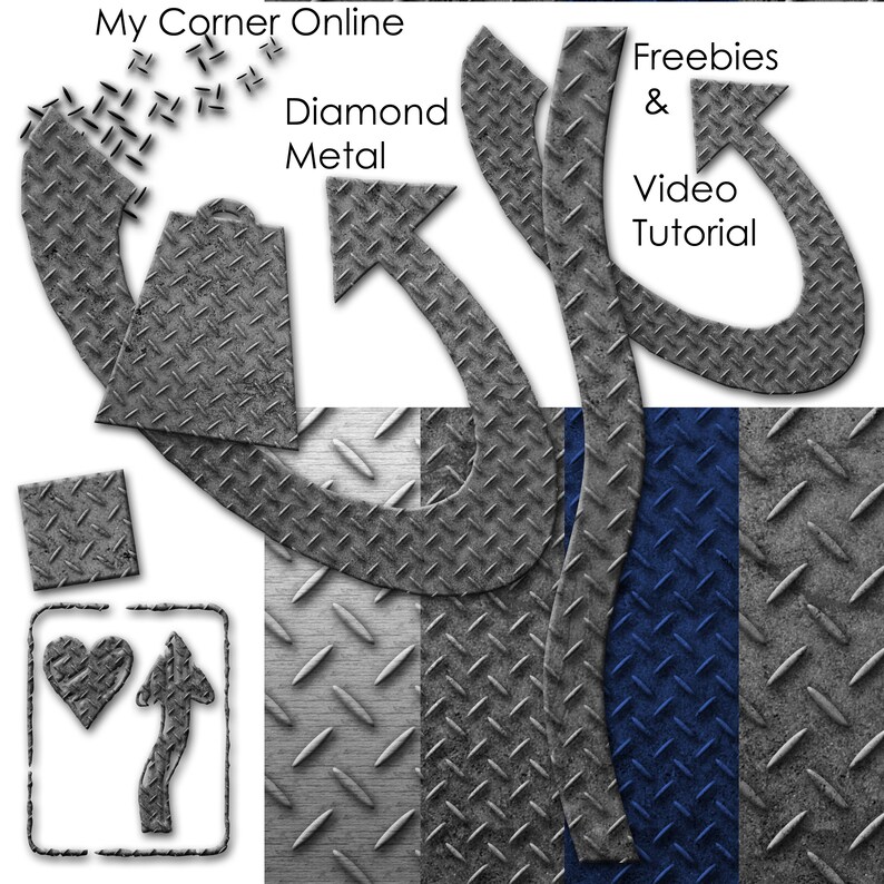 May include: A graphic illustration of a diamond metal texture with the text "My Corner Online" and "Diamond Metal". The graphic also includes arrows pointing to the right and up, with the text "Freebies & Video Tutorial" on the right side of the image.