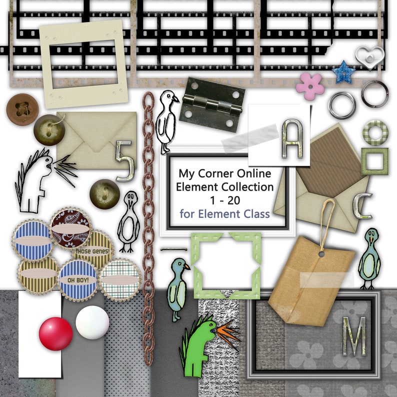 K&ouml;nnte beinhalten: Eine Sammlung digitaler Scrapbook-Elemente f&uuml;r Lehrer, darunter eine Kette, V&ouml;gel, ein Scharnier, Umschl&auml;ge, Rahmen und Buchstaben. Der Text "My Corner Online Element Collection 1-20 for Element Class" ist enthalten.