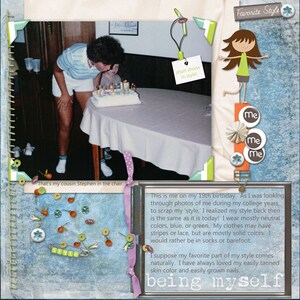 May include: A scrapbook page with a photo of a person celebrating their 19th birthday. The photo shows the person blowing out candles on a cake. The page also includes text about the person's style and a quote about being yourself.