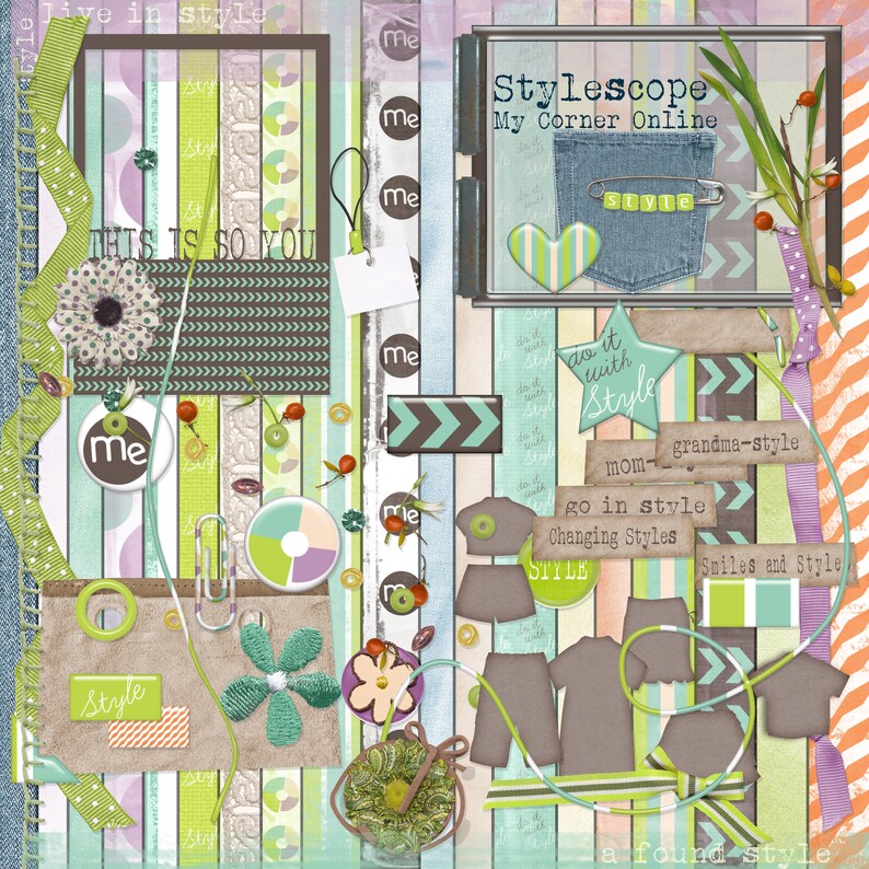 May include: A digital collage with a variety of colorful patterns and textures. The collage features the words "Stylescope", "My Corner Online", "go in style", "Changing Styles", "Smiles and Style", and "a found style".