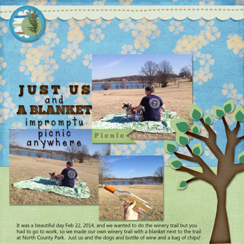 Op de afbeelding: Een fotocollage met een blauwe en witte bloemenachtergrond. De tekst "JUST US and A BLANKET impromptu picnic anywhere" is geschreven in bruine letters. De collage bevat drie foto's: een stel met hun honden op een picknickdeken aan een meer, een close-up van een fles wijn en een foto van een hond die op een deken zit.