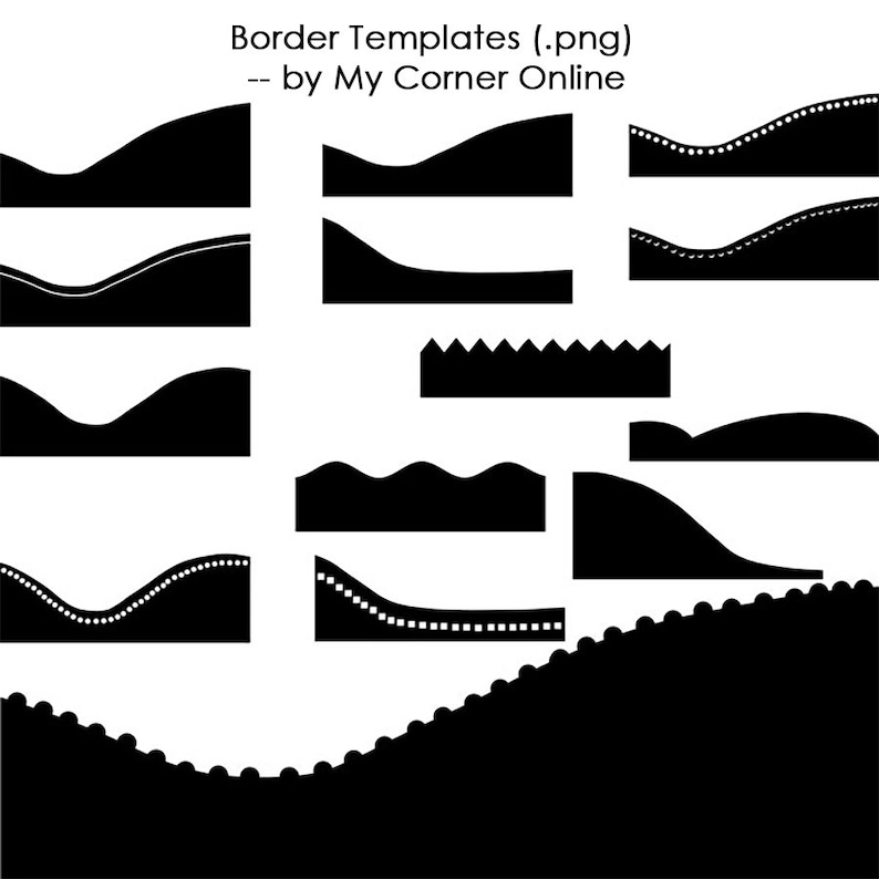 May include: A set of 12 black and white border templates for digital design. The templates feature various wavy, zig-zag, and dotted lines.