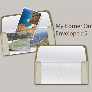 May include: A beige envelope with a white background and a pattern of white hearts. The envelope has a clear plastic window on the front, showing a photo of a beach scene.
