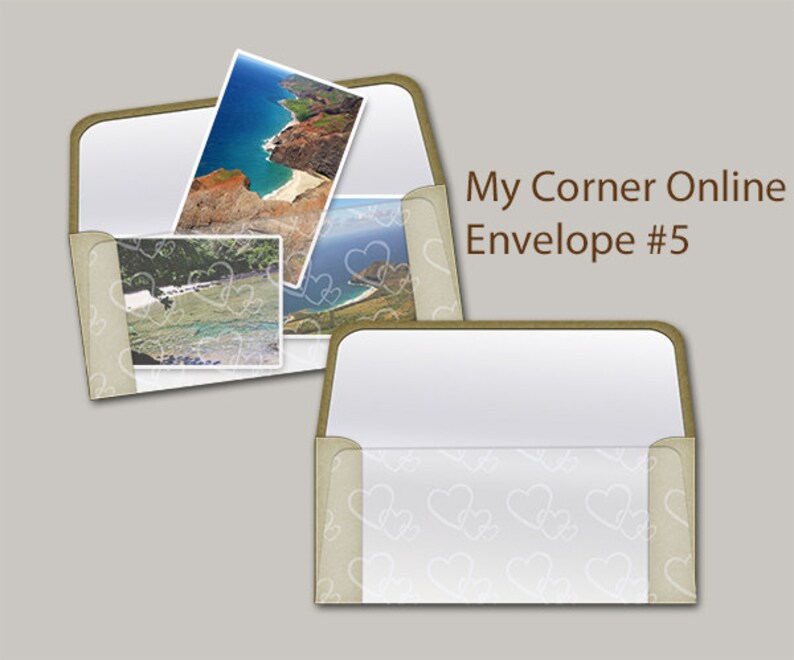 May include: A beige envelope with a white background and a pattern of white hearts. The envelope has a clear plastic window on the front, showing a photo of a beach scene.