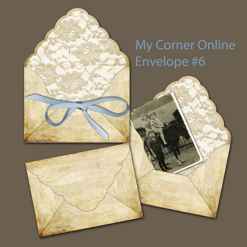 May include: Three vintage envelopes with lace trim and a blue ribbon. One envelope has a black and white photo of three children on a horse. The text on the envelope reads "My Corner Online Envelope #6".