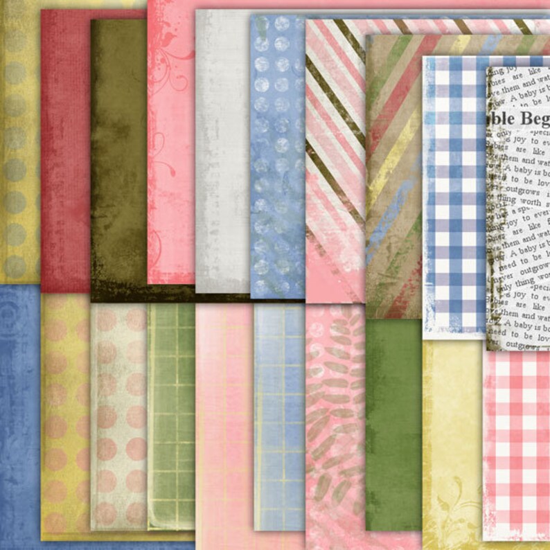 Pode incluir: Um pacote de papel digital com 16 padr&otilde;es diferentes em v&aacute;rias cores, incluindo rosa, azul, verde e amarelo. Os padr&otilde;es incluem bolinhas, listras, xadrez e desenhos florais.