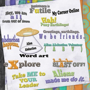 Puede incluir: Una ilustraci&oacute;n colorida con el texto "Resistance is Futile" y "My Corner Online". La ilustraci&oacute;n presenta una nave espacial extraterrestre de dibujos animados, un dise&ntilde;o de arte de palabras y el texto "Alien Abduction Volunteer (ABV)".