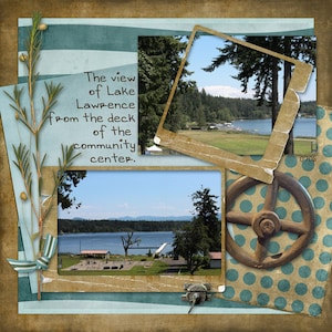 May include: A collage of photos with a rustic brown background and blue and white stripes. The text "The view of Lake Lawrence from the deck of the community centre." is written in black. The top photo shows a lake with trees and a green grassy area. The bottom photo shows a lake with a dock and trees. The right side of the collage has a brown wheel with blue polka dots.