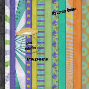 Puede incluir: Un conjunto de 10 papeles digitales con una variedad de patrones, incluyendo rayas, lunares y dise&ntilde;os geom&eacute;tricos. Los papeles son en tonos de verde, morado, amarillo y naranja. El texto "Alien Abduction Papers" y "My Corner Online" es visible en los papeles.