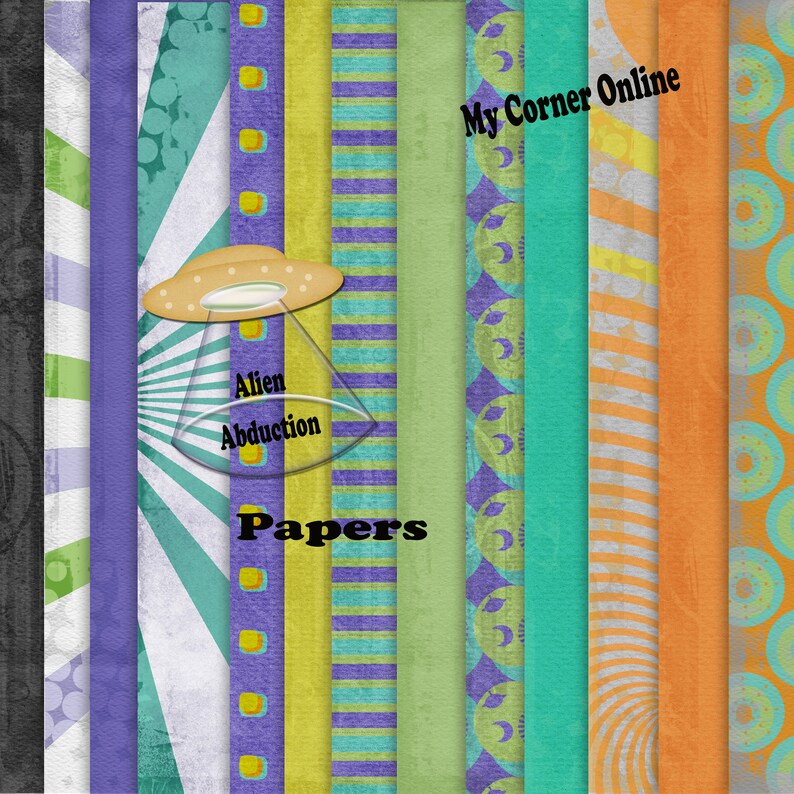 Puede incluir: Un conjunto de 10 papeles digitales con una variedad de patrones, incluyendo rayas, lunares y dise&ntilde;os geom&eacute;tricos. Los papeles son en tonos de verde, morado, amarillo y naranja. El texto "Alien Abduction Papers" y "My Corner Online" es visible en los papeles.