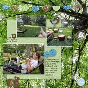 Op de afbeelding: Een fotocollage met een groene achtergrond en een bruine tak met groene bladeren. De collage bevat afbeeldingen van een stel dat ontspant op ligstoelen in een tuin, een glas rode sangria en een hond en een puppy die op een ligstoel zitten. De tekst "U everyday is a picnic" staat in de linkerbovenhoek van de collage. De tekst "love this guy" staat in de rechterbovenhoek van de collage. De tekst "One of life's little joys is impromptu picnics in the backyard. Not much set up and no travel time equals more relaxation!" staat in de rechterbenedenhoek van de collage. De tekst "relax" staat in de rechterbenedenhoek van de collage.