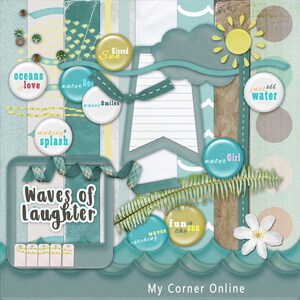 May include: A digital scrapbook kit with a beach theme. The kit includes various elements such as a frame, buttons, and ribbons. The text "Waves of Laughter" is featured in the centre of the frame. The kit is perfect for creating digital scrapbook pages or cards.