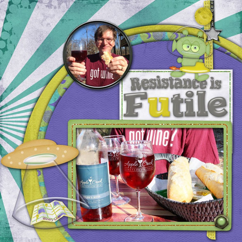 Puede incluir: Un collage con una foto de una persona sosteniendo una copa de vino, una botella de vino de la bodega Apple Creek, una copa de vino y un plato de pan. El texto "Resistance is Futile" y "got wine?" tambi&eacute;n se incluyen en el collage.