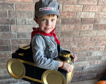 Déguisement d'Halloween pour tout-petit garçon, tenue de mécanicien de train, chapeau de chef de train, chapeau de train personnalisé pour enfants, costume de mécanicien de train bricolage, train pour garçon