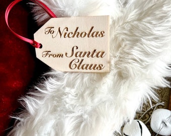 Christmas Gift Tag, Present from Santa, Santa Claus Xmas Surprise, Holiday Gift, Gift Wrapping, Gift Tag, To From, From Santa, Wood Gift Tag