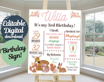 Editable Personalized Woodland Birthday Milestone Sign - Editable Birthday Poster - Train Birthday Party - Custom Birthday Poster -Pink Girl