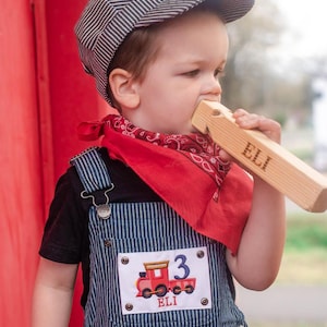 May include: A young child wearing a blue and white striped overall, a red bandana, and a gray and white striped engineer's cap. The child is holding a wooden whistle that says "ELI" on it. The overall has a patch with a red train and the number "3" on it. The patch also says "ELI" on it.
