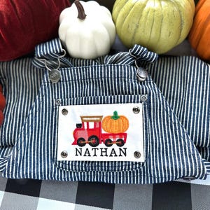 May include: Blue and white striped overalls with a white patch featuring an embroidered red train carrying a pumpkin and the name "NATHAN".