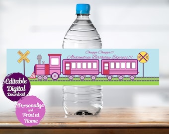 Custom Pink Train Birthday Party Water Bottle Label, Toddle Girl Birthday, Pink Train Party, Juice Box Wraps, Digital Birthday Labels,PIN123