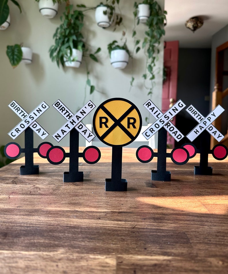 Personalized Railroad Crossing Sign, Mini Table Top Railroad Crossing Birthday Sign, Train Birthday Decor, Train Party Decoration, TRA123 All 5 Signs