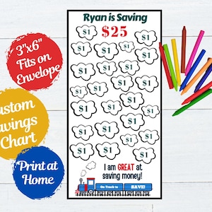 Personalized Kids 25 Dollar Saving Chart Challenge, Color in Savings Chart, Train Kids Saving Template, Custom Kids Saving Envelopes, MON123