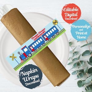 Puede incluir: Un plato blanco con una envoltura de servilleta marrón que sostiene un tenedor. La envoltura de la servilleta tiene un diseño de tren azul con el texto "Chugga Chugga CHEWCHEW!!" y "Napkin Wraps Download".