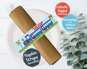 Train Birthday Napkin Wraps, Utensil Wrap, Train Birthday Utensil Wrap Rings, Fork Knife Spoon Napkins, Napkin Ring, Chugga Chugga TRA118