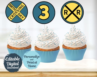 Spoorwegovergang cupcake toppers, trein verjaardag cupcake toppers, peuter trein verjaardagsfeestje, kindertrein feest, afdrukken vanuit huis, TRA123
