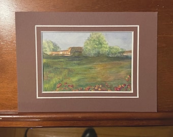 Matted Original Watercolor Painting, Rural Landscape Art, Home Decor, Wall Decor