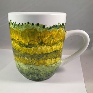 Handpainted Green Yellow Waves Coffee Tea Mug Oven Cured Chip Resistant Microwave Dishwasher Safe