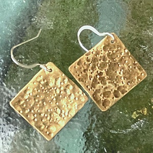 Handcrafted Artisan Mixed Metal Earrings Textured Brass Square Sterling Silver Ear Wires