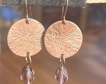 Hammered Copper and Amethyst Glass Bead Drop and Dangle Earrings for Women