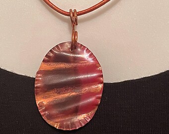 Handcrafted Flame Painted Copper Soft Fold Pendant Necklace on Leather Cord, Seven Year Anniversary Jewelry