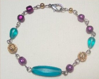 Handcrafted Vibrant Aqua and Purple Glass Bead Bracelet
