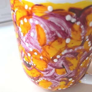 Handpainted Coffee Tea Mug Orange Purple Swirl White Dots Oven Cured Chip Resistant Microwave Dishwasher Safe