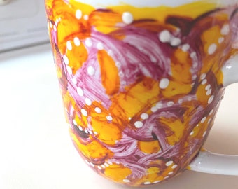 Handbemalter Kaffee Teebecher Orange Lila Swirl Weiße Punkte Ofen Gehärtet Chip Resistent Mikrowelle Spülmaschinenfest