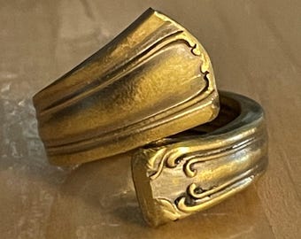 Upcycled Silverplate Brassed Bypass Ring for Men or Women Size 9; Flatware Jewelry