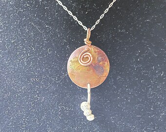Handcrafted Mixed Metal Necklace, Copper Flame Painted, Copper Silver Necklace, Pendant Necklace, Pendant With Dangles