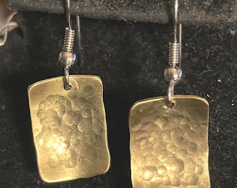 Hammered Brass Curved Rectangle Earrings w/ Stainless Steel Earwires, Earrings for Her, Brass Earrings