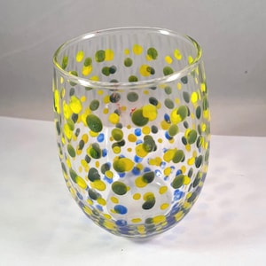 Handpainted Stemless Wine Glass Green Blue Yellow Dots