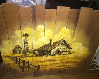 LOCAL Pickup ONLY!! Unique Vntg Painting on Wood Farm Country Primitive ~BRENT Listed Artist