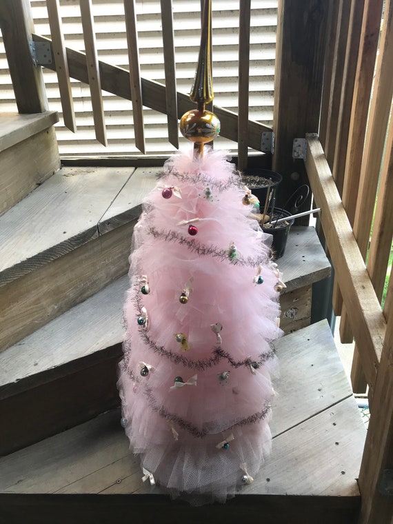 Vntg Pink Tulle Xmas Tree 27 W Topper Mesh Netting Retro Etsy