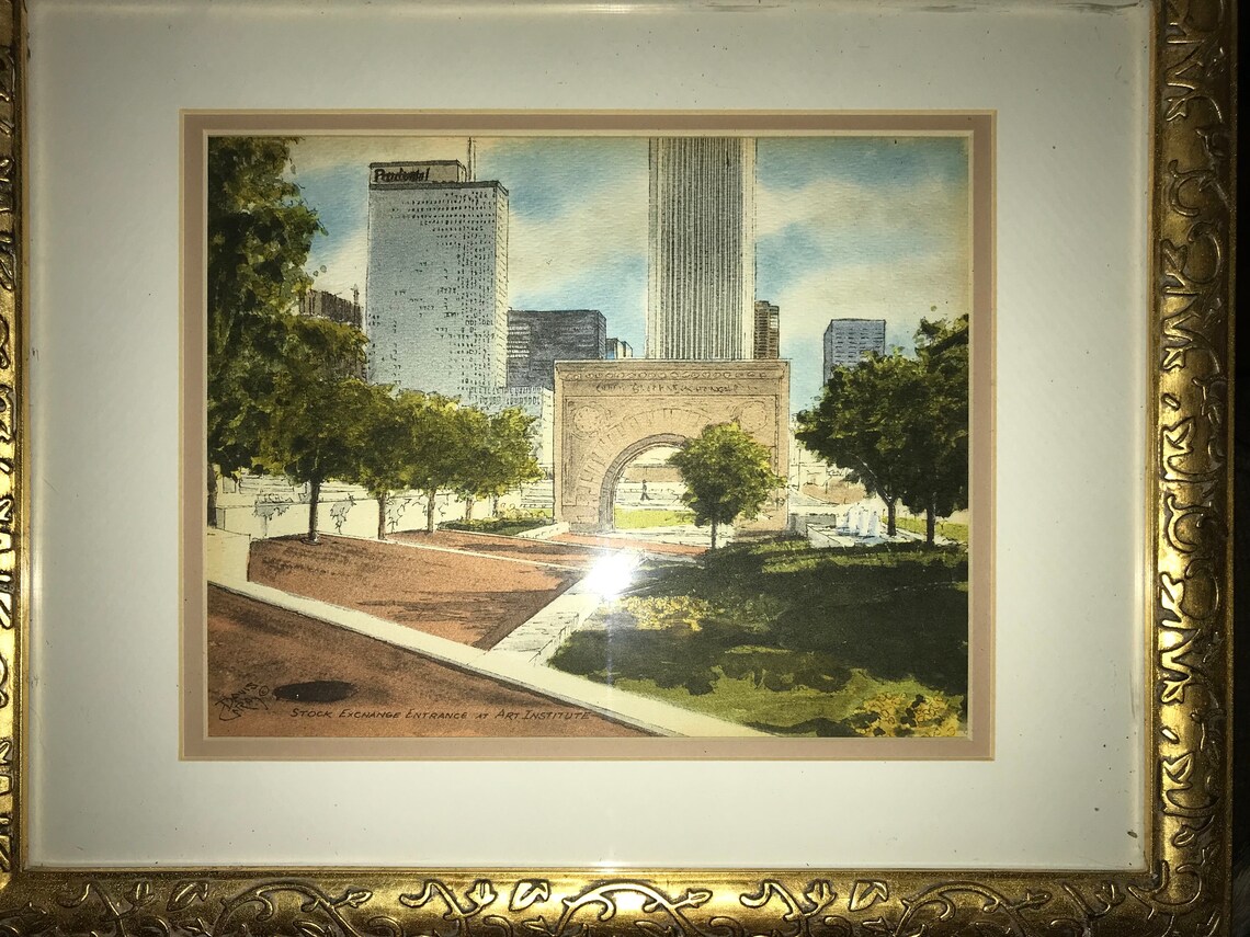 Chicago Watercolor Signed Davis Gray MCM Vntg Stock Exchange Etsy