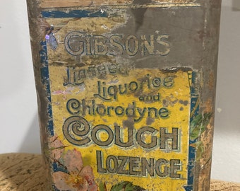 1900s GIBSON’S Liquorice & Chlorodyne COUGH LOZENGE Advertising Tin Rx Mortar Pestle