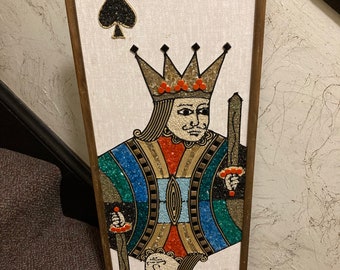 RARE! Vntg 1970s MCM King Spades /Diamonds Gravel Art Wall Hanging