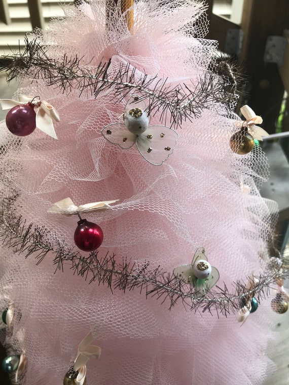 Vntg Pink Tulle Xmas Tree 27 W Topper Mesh Netting Retro Etsy