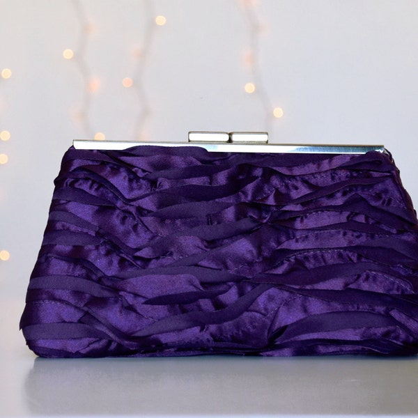 Ruffled purple clutch. Evening clutch with silver frame closure.  Ruffled details, formal purse, purple & silver.