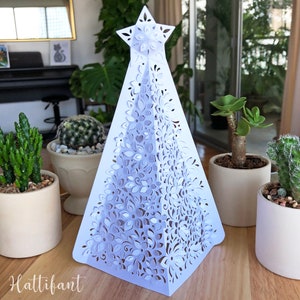 3D Paper Cut 3D Christmas Tree Luminary with flower & leaf pattern to cut by hand image 2
