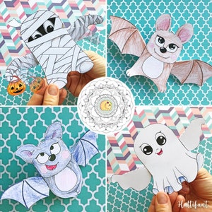 Halloween | 3D bewegliches Paperspielzeug zum Basteln und Ausmalen - Fledermaus, Geist und Mumie